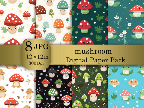 Download Cartoon Mushroom Digital Paper Pack - Mushroom digital paper Collection
