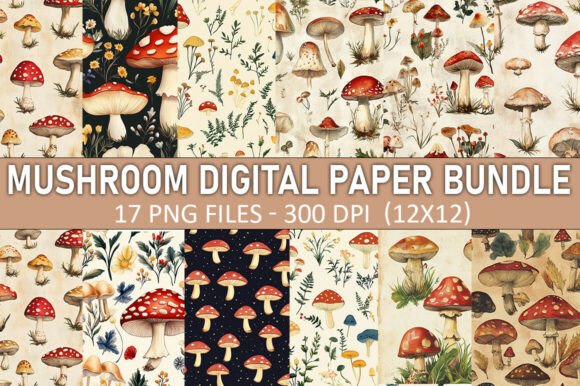 Download Vintage Mushroom Digital Paper Bundle - Mushroom digital paper Collection